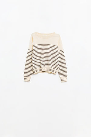 Q2 Women's Sweater Cream Sweater With Brown Stripes And Boat Neck