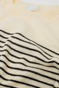 Q2 Women's Sweater Cream Sweater With Brown Stripes And Boat Neck