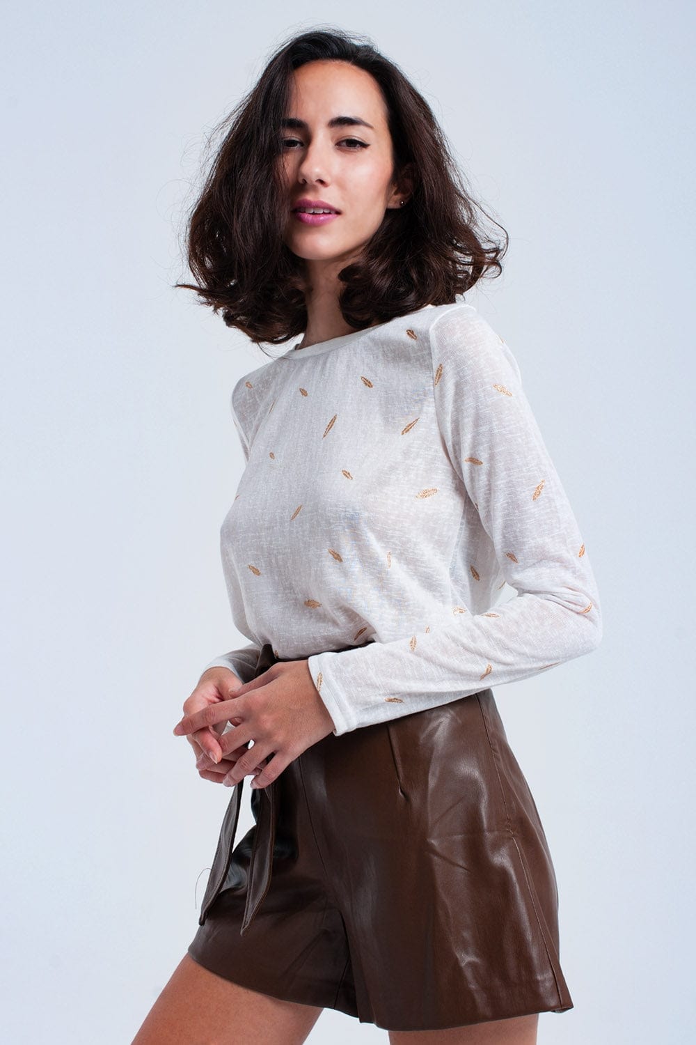 Q2 Women's Sweater Cream sweater with printed detail
