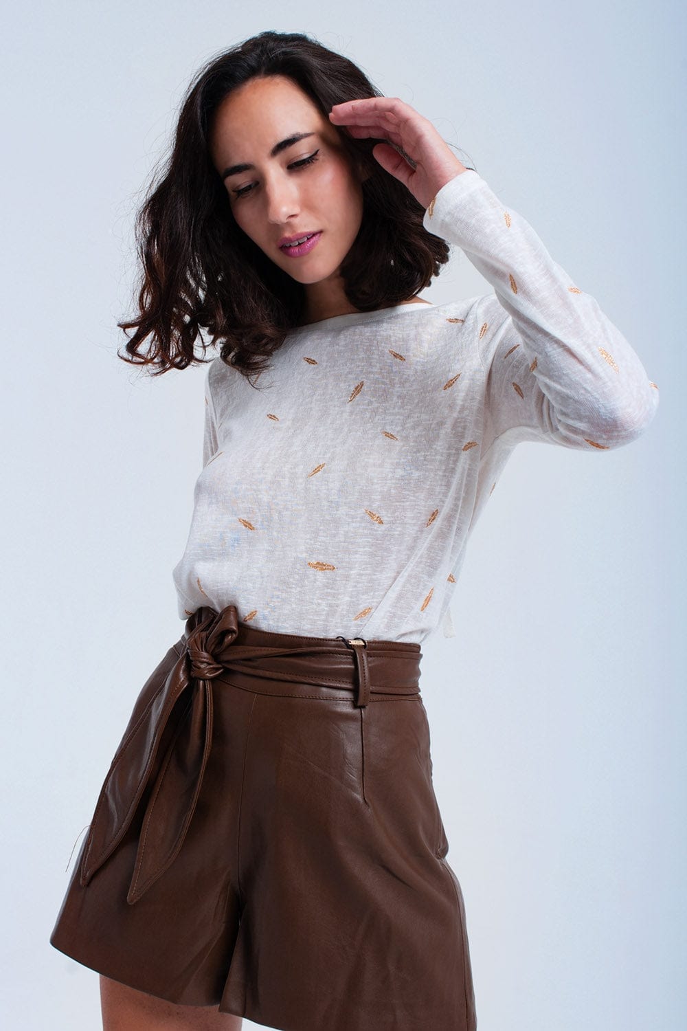 Q2 Women's Sweater Cream sweater with printed detail