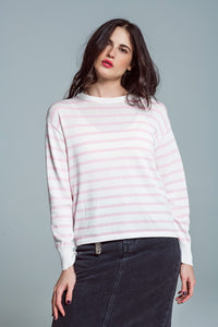 Q2 Women's Sweater Crew Neck Basic Stripe Sweater In Pink