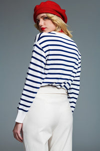 Q2 Women's Sweater Crew Neck Basic Stripe Sweater In White And Navy