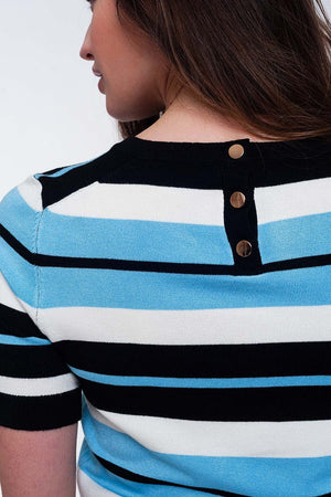 Q2 Women's Sweater Crew Neck Boxy Jumper with Multi Stripes in Blue