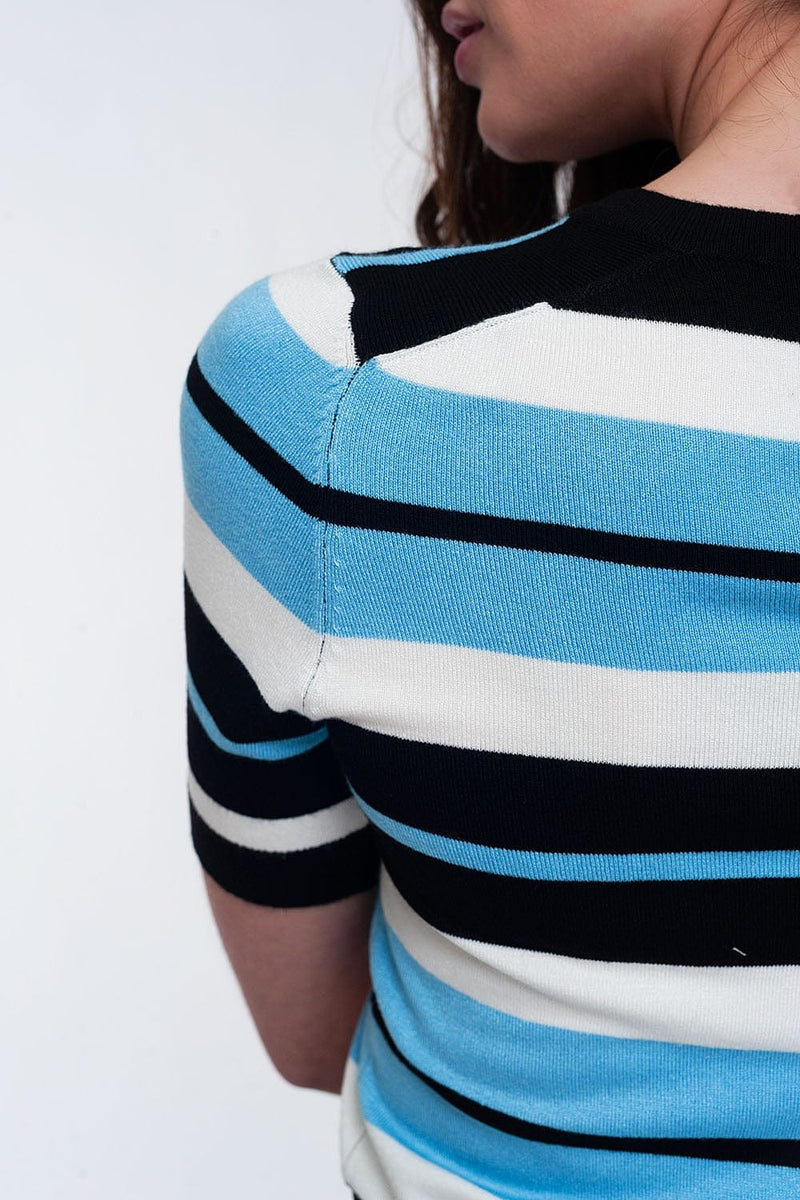 Q2 Women's Sweater Crew Neck Boxy Jumper with Multi Stripes in Blue