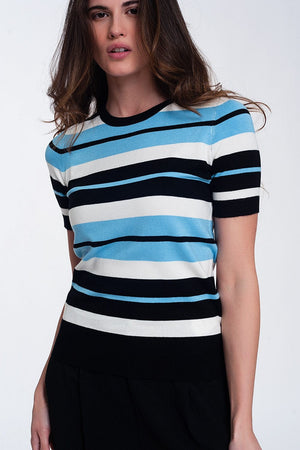 Q2 Women's Sweater Crew Neck Boxy Jumper with Multi Stripes in Blue