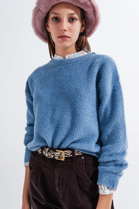 Q2 Women's Sweater Crew Neck Jumper in Rib with Fluffy Yarn in Blue