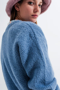 Q2 Women's Sweater Crew Neck Jumper in Rib with Fluffy Yarn in Blue