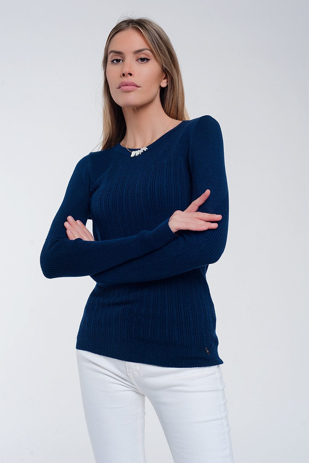 Q2 Women's Sweater Crew Neck Ribbed Sweater in Navy