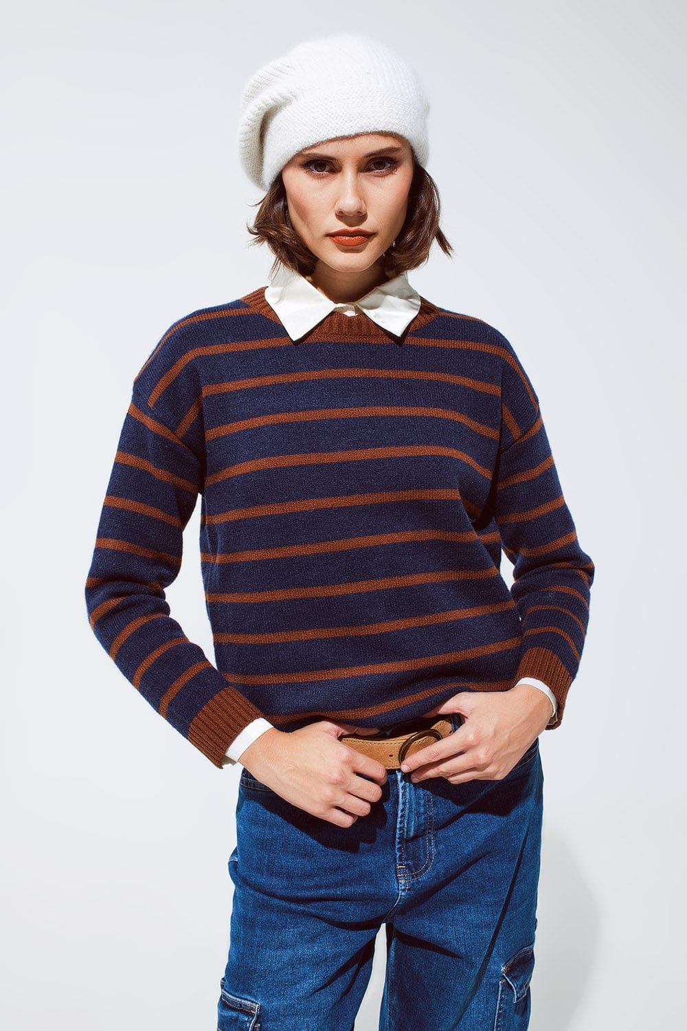 Q2 Women's Sweater Crew Neck Stripy Sweater In Navy And Rust Orange