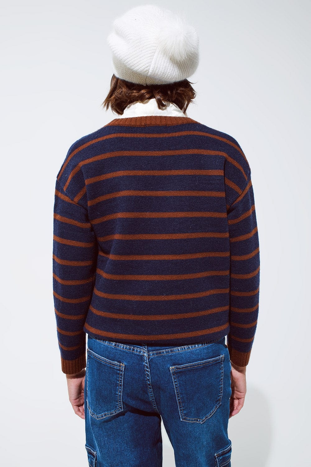 Q2 Women's Sweater Crew Neck Stripy Sweater In Navy And Rust Orange