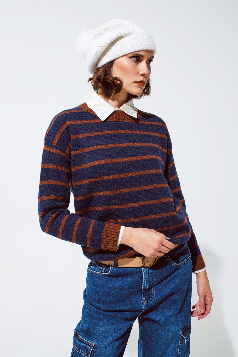 Q2 Women's Sweater Crew Neck Stripy Sweater In Navy And Rust Orange