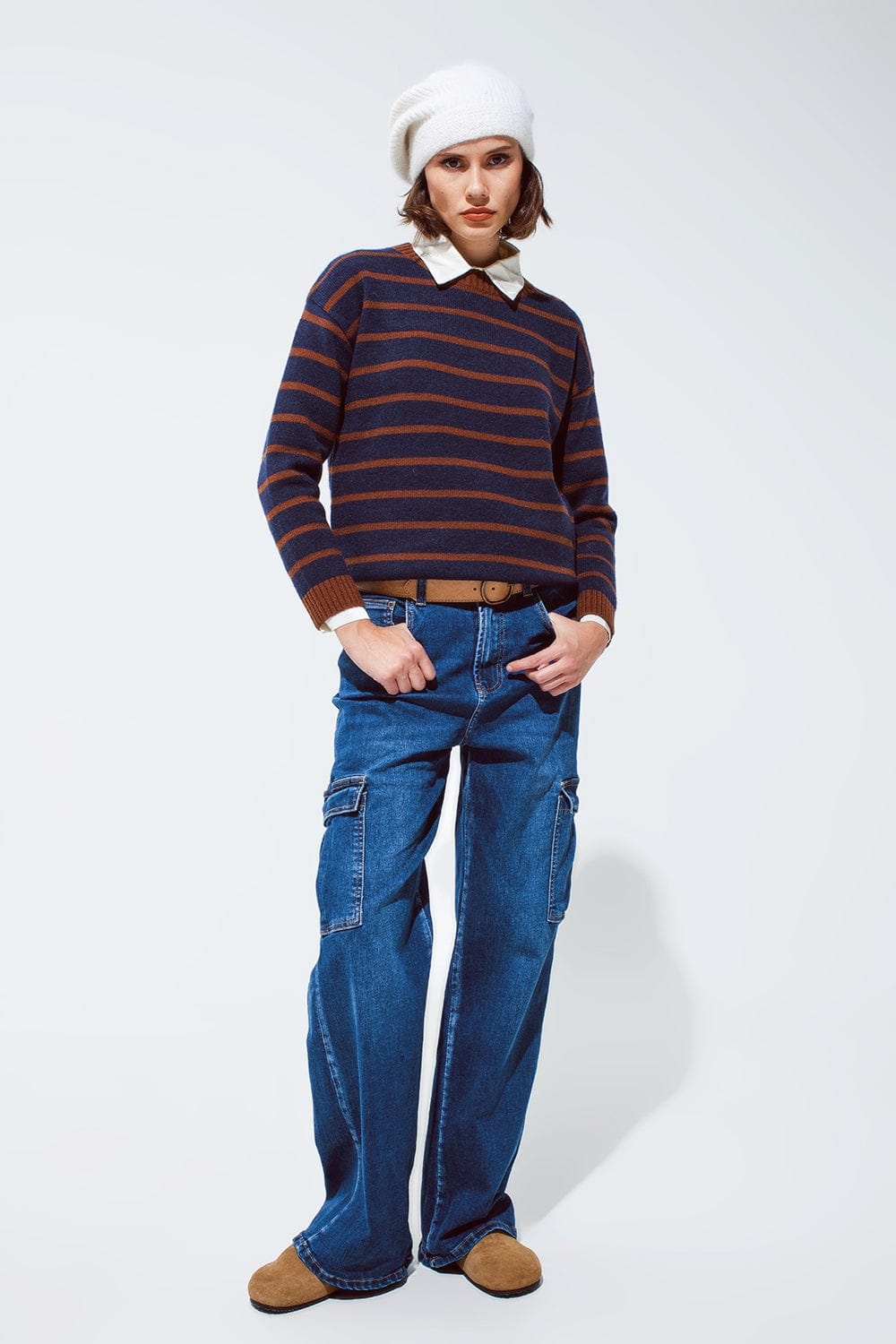 Q2 Women's Sweater Crew Neck Stripy Sweater In Navy And Rust Orange