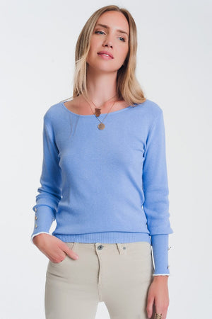 Q2 Women's Sweater Crew neck sweater with button detail in blue