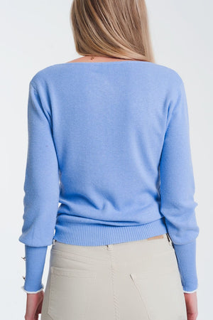 Q2 Women's Sweater Crew neck sweater with button detail in blue