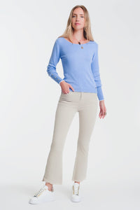 Q2 Women's Sweater Crew neck sweater with button detail in blue