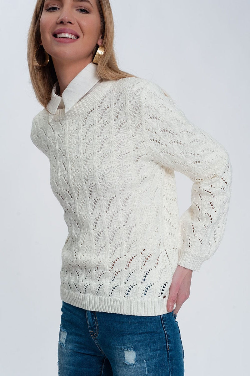 Q2 Women's Sweater Crochet Jumper in Cream