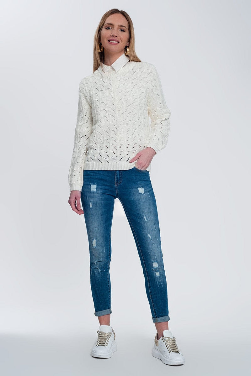 Q2 Women's Sweater Crochet Jumper in Cream