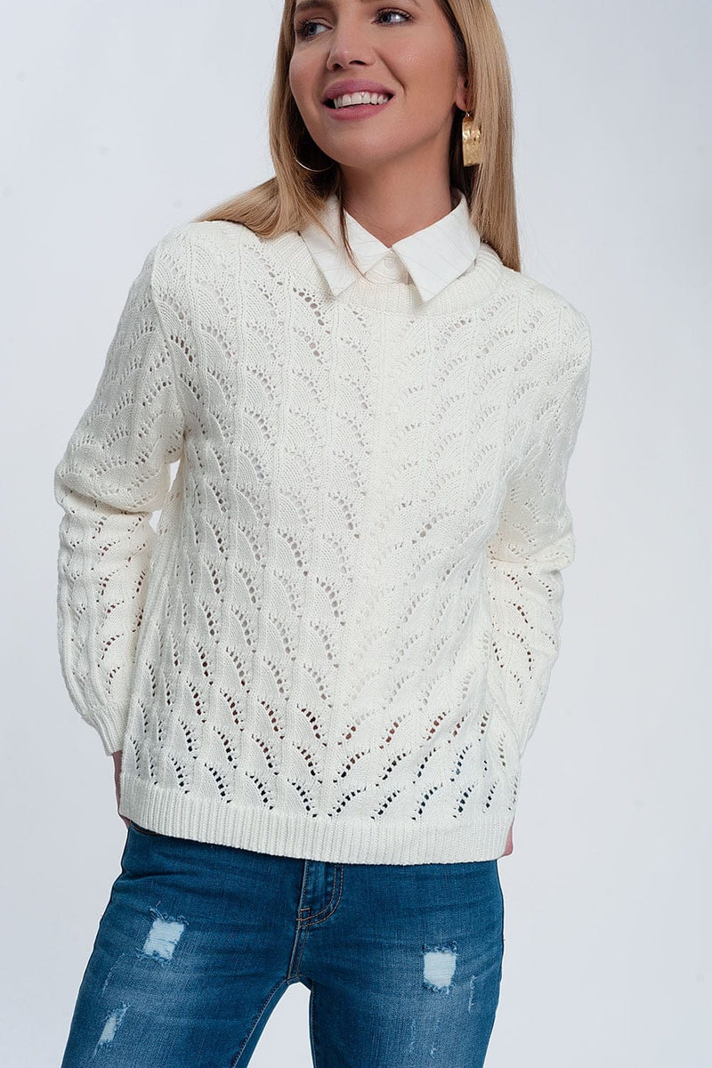 Q2 Women's Sweater Crochet Jumper in Cream