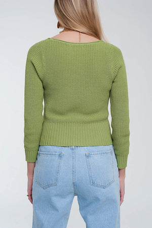 Q2 Women's Sweater Crochet Knit Jumper in Green