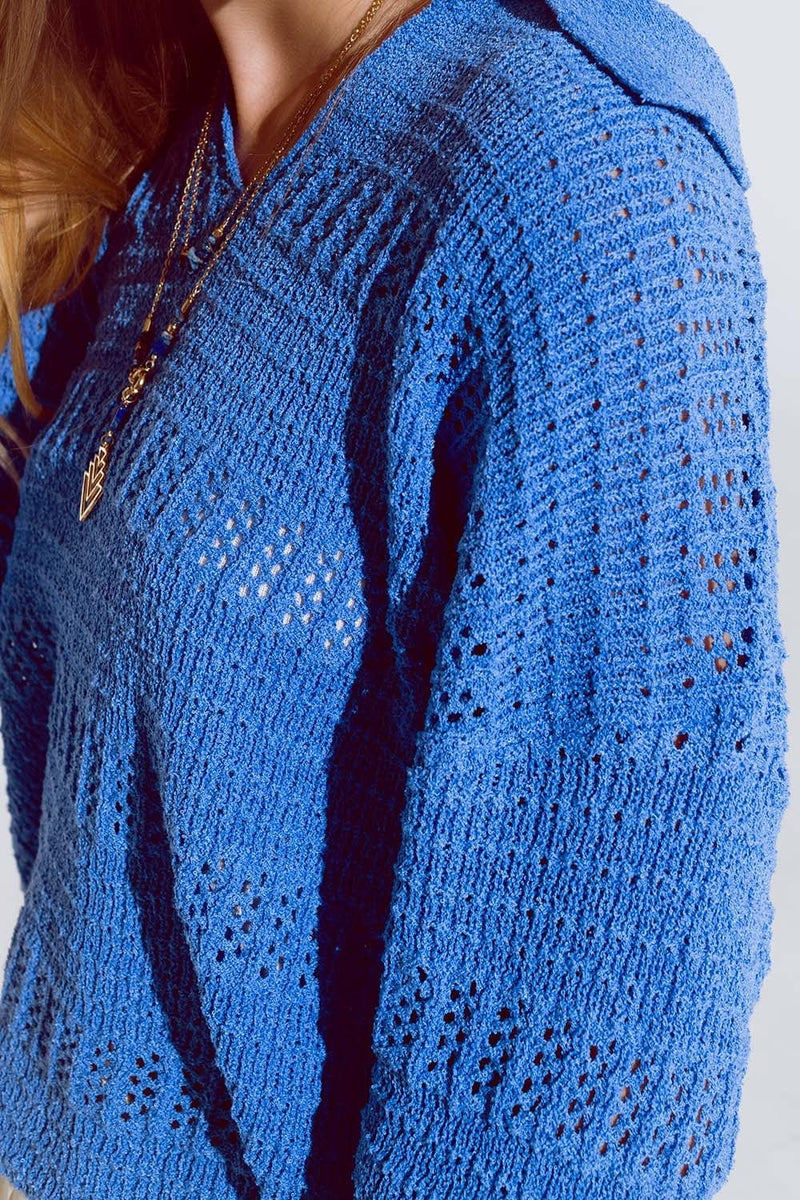Q2 Women's Sweater Crochet Knitted Jumper In V-Neck With Polo Collar In Blue