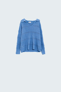 Q2 Women's Sweater Crochet Knitted Jumper In V-Neck With Polo Collar In Blue