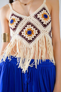 Q2 Women's Sweater Crochet Top With Fringe Ends In Cream