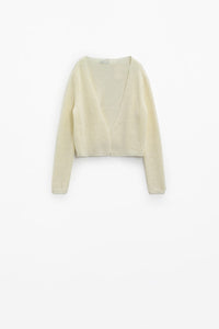 Q2 Women's Sweater Cropped Cardigan In Lightweight Rib And V-Neckline In Cream