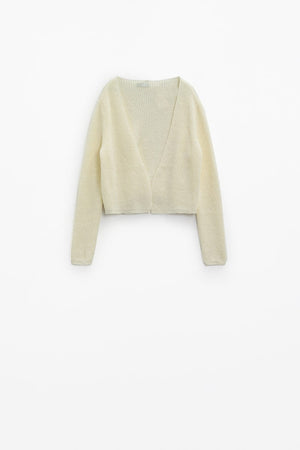 Q2 Women's Sweater Cropped Cardigan In Lightweight Rib And V-Neckline In Cream