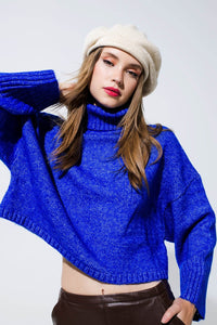 Q2 Women's Sweater Cropped Chunky Knit Sweater With Turtle Neck in Blue