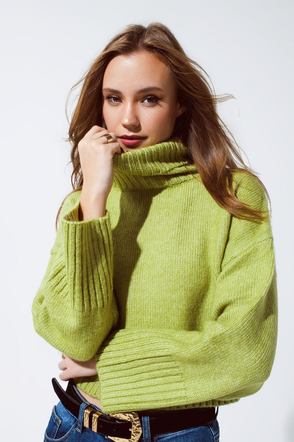 Q2 Women's Sweater Cropped Chunky Knit Sweater With Turtle Neck In Green