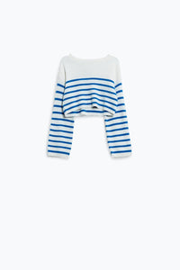 Q2 Women's Sweater Cropped Sweater With Stripes And Boat Neck