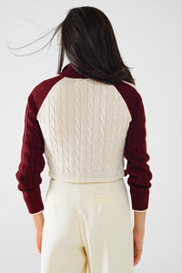 Q2 Women's Sweater Cropped White And Burgundy Sweater With Neck Zipper