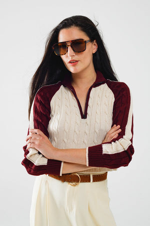 Q2 Women's Sweater Cropped White And Burgundy Sweater With Neck Zipper