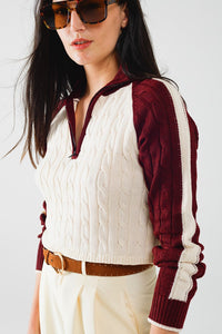 Q2 Women's Sweater Cropped White And Burgundy Sweater With Neck Zipper