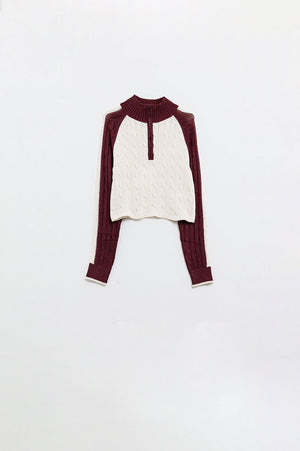 Q2 Women's Sweater Cropped White And Burgundy Sweater With Neck Zipper