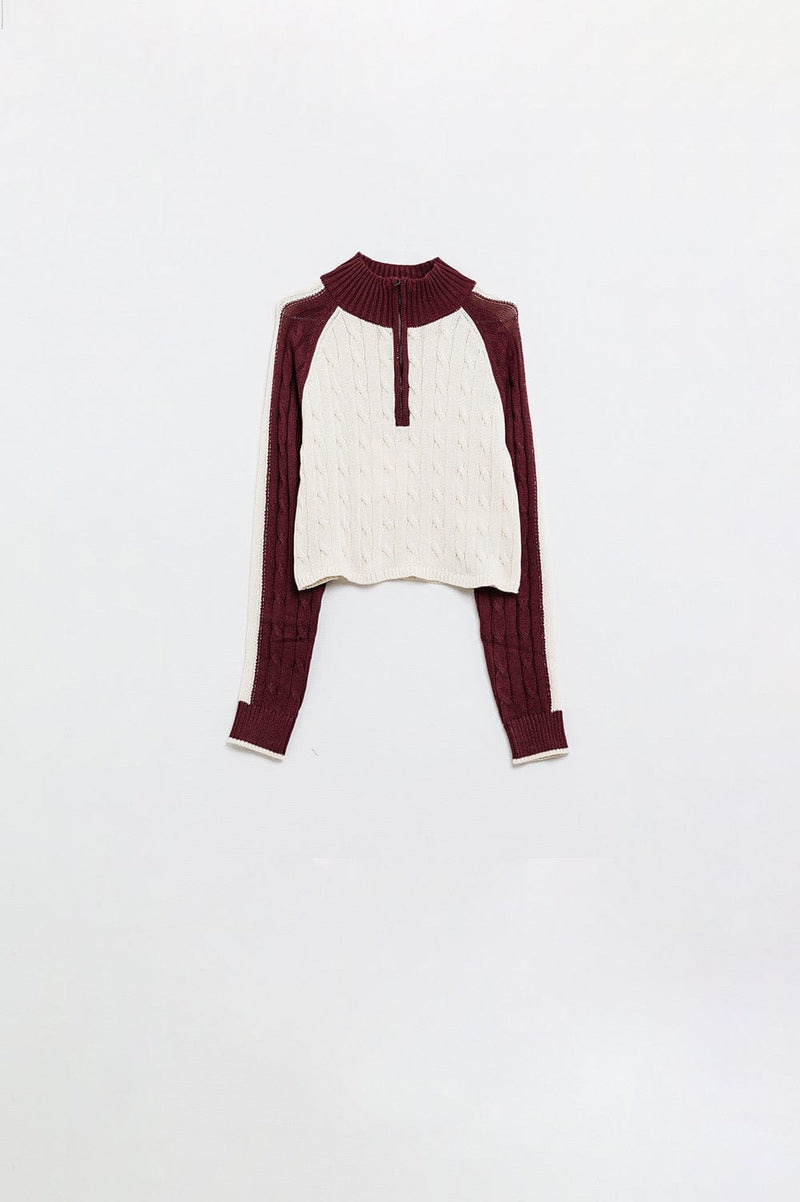 Q2 Women's Sweater Cropped White And Burgundy Sweater With Neck Zipper