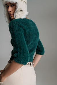 Q2 Women's Sweater Dark Green Fluffy Knit Sweater With 3/4 Sleeves