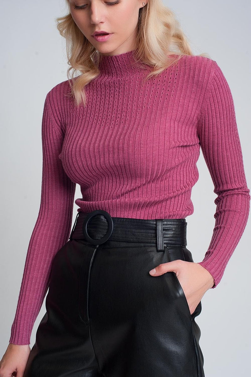 Q2 Women's Sweater Fine Gauge High Neck Sweater in Fuchsia