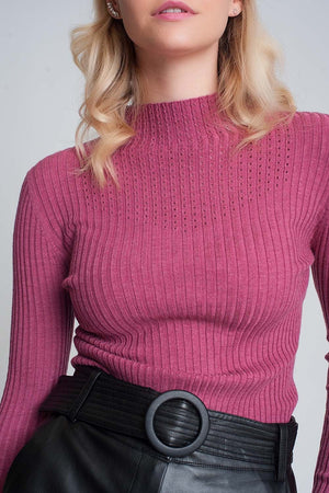 Q2 Women's Sweater Fine Gauge High Neck Sweater in Fuchsia
