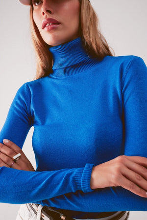 Q2 Women's Sweater Fine Knit High Neck Jumper in Blue