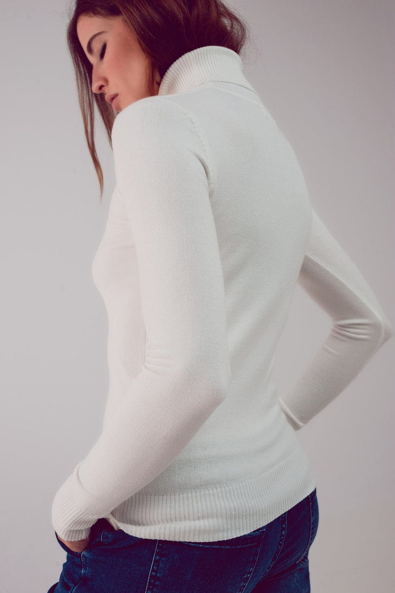 Q2 Women's Sweater Fine Knit High Neck Jumper in Cream