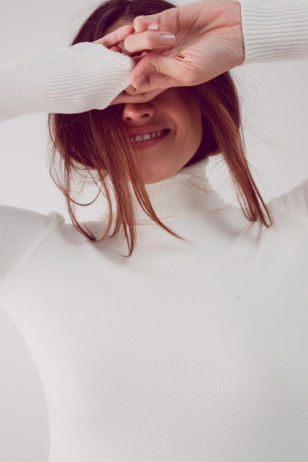 Q2 Women's Sweater Fine Knit High Neck Jumper in Cream