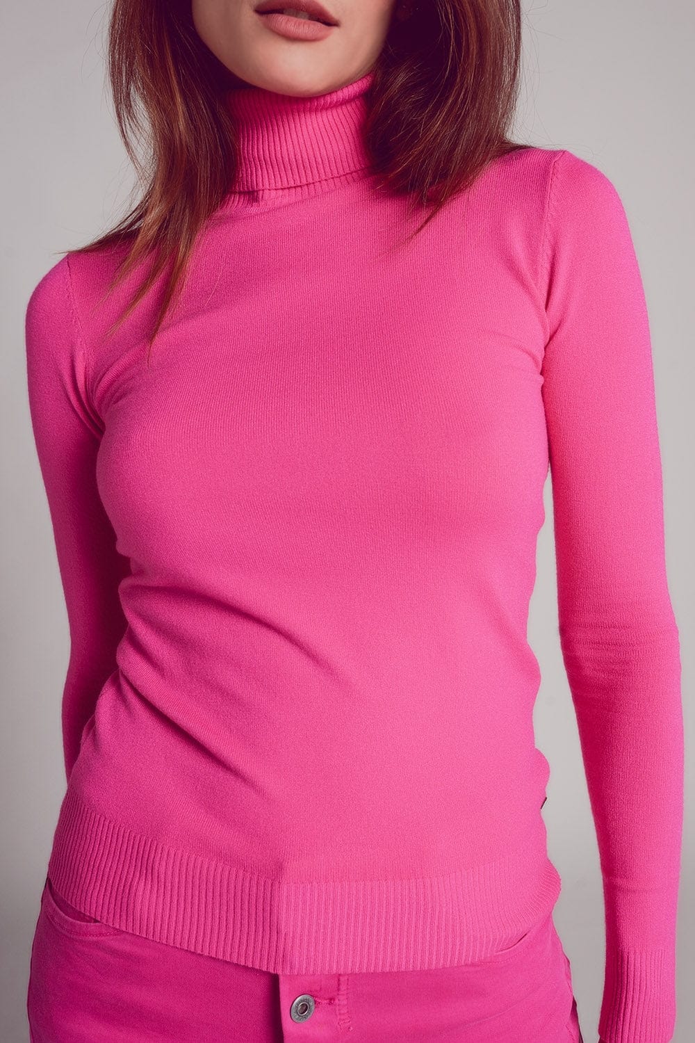 Q2 Women's Sweater Fine Knit High Neck Jumper in Fuchsia