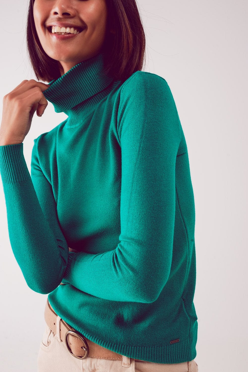 Q2 Women's Sweater Fine Knit High Neck Jumper in Green
