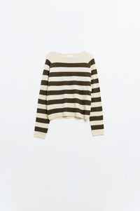 Q2 Women's Sweater Fine Knit Sweater In Beige With Brown Stripes