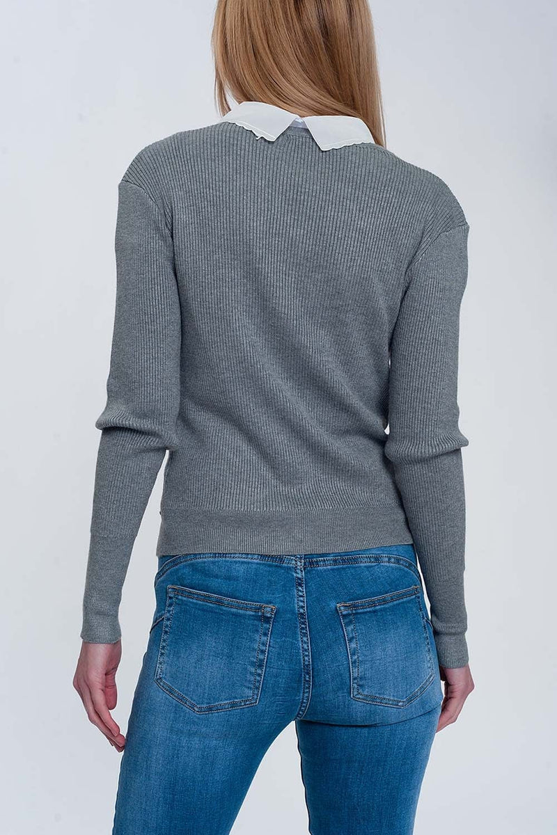 Q2 Women's Sweater Fitted Jumper in Gray Rib Knit