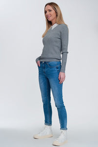 Q2 Women's Sweater Fitted Jumper in Gray Rib Knit