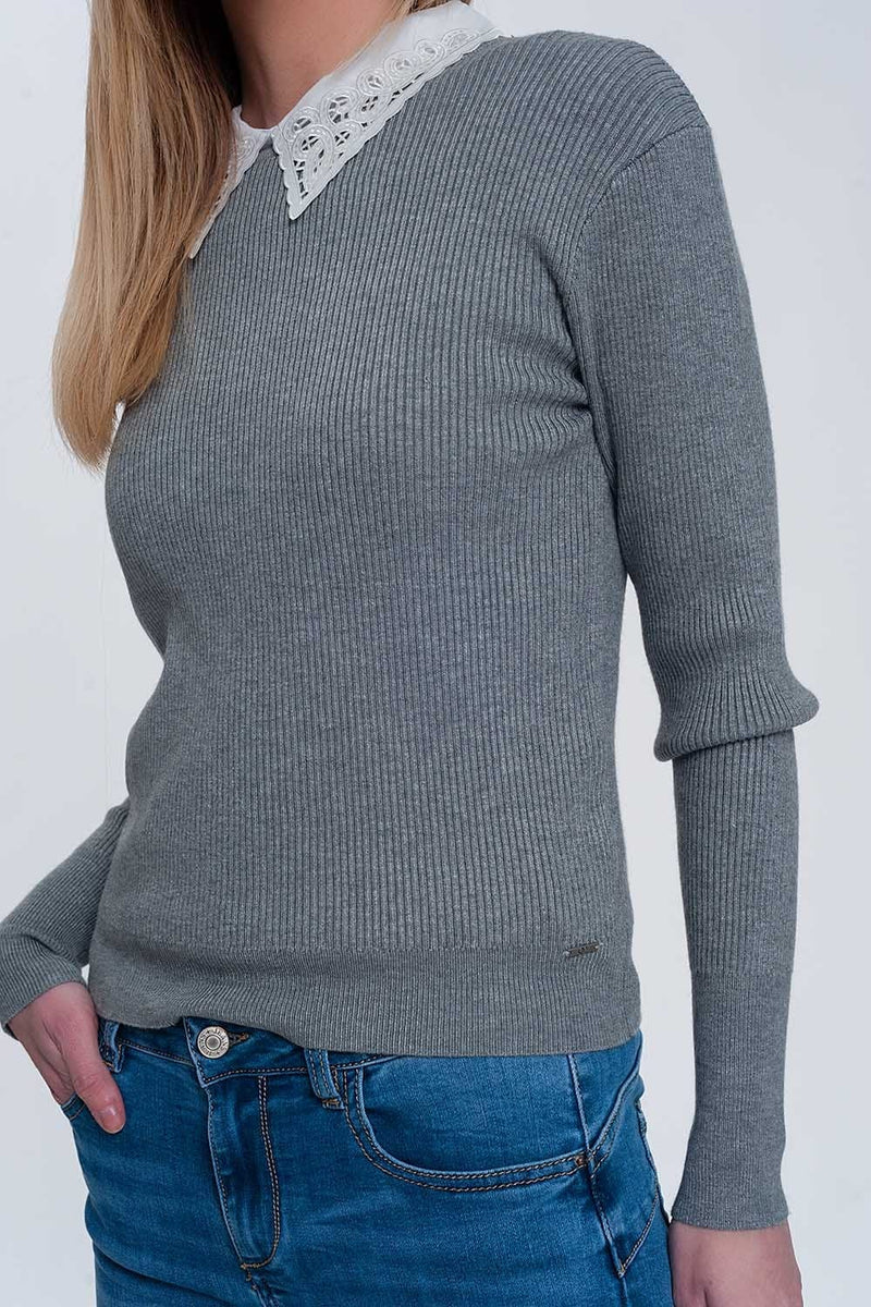 Q2 Women's Sweater Fitted Jumper in Gray Rib Knit