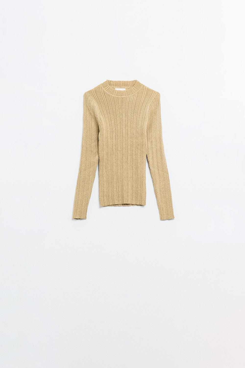 Q2 Women's Sweater Fitted Ribbed Sweater In Beige With Silver Thread Detail