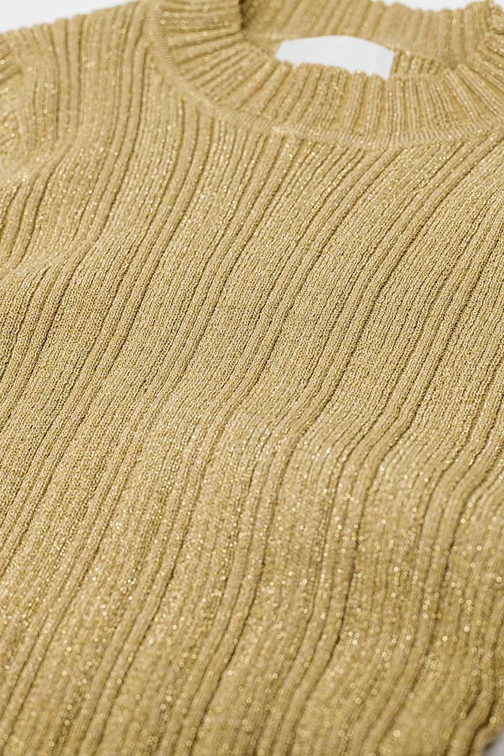 Q2 Women's Sweater Fitted Ribbed Sweater In Beige With Silver Thread Detail